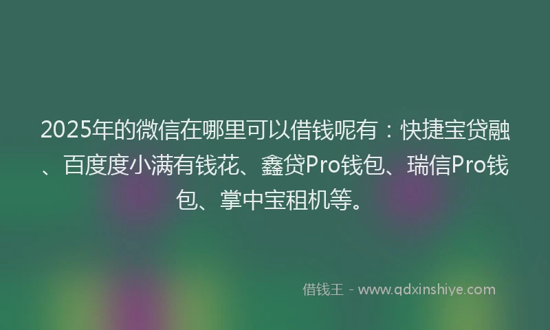 2025年的微信在哪里可以借钱呢有：快捷宝贷融、百度度小满有钱花、鑫贷Pro钱包、瑞信Pro钱包、掌中宝租机等。