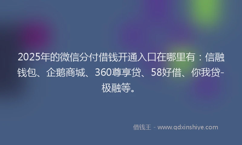 2025年的微信分付借钱开通入口在哪里有：信融钱包、企鹅商城、360尊享贷、58好借、你我贷-极融等。