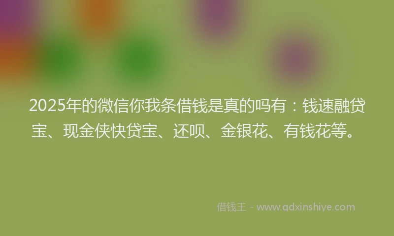 2025年的微信你我条借钱是真的吗有：钱速融贷宝、现金侠快贷宝、还呗、金银花、有钱花等。