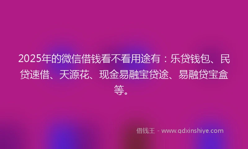 2025年的微信借钱看不看用途有：乐贷钱包、民贷速借、天源花、现金易融宝贷途、易融贷宝盒等。