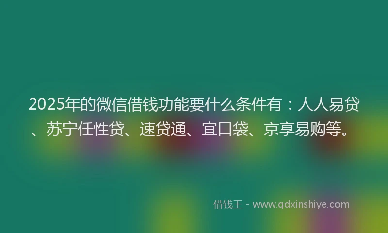 2025年的微信借钱功能要什么条件有：人人易贷、苏宁任性贷、速贷通、宜口袋、京享易购等。