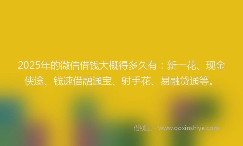 2025年的微信借钱大概得多久有：新一花、现金侠途、钱速借融通宝、射手花、易融贷通等。