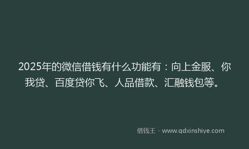 2025年的微信借钱有什么功能有：向上金服、你我贷、百度贷你飞、人品借款、汇融钱包等。
