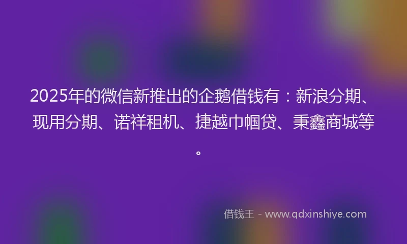 2025年的微信新推出的企鹅借钱有：新浪分期、现用分期、诺祥租机、捷越巾帼贷、秉鑫商城等。