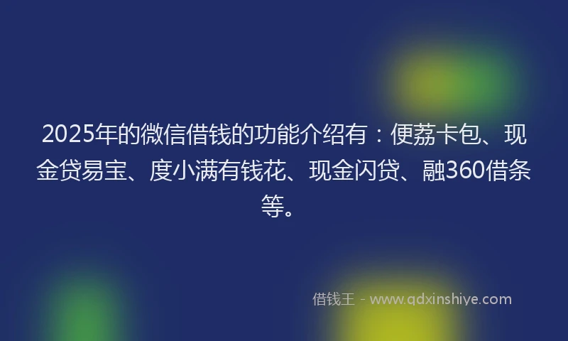 2025年的微信借钱的功能介绍有：便荔卡包、现金贷易宝、度小满有钱花、现金闪贷、融360借条等。