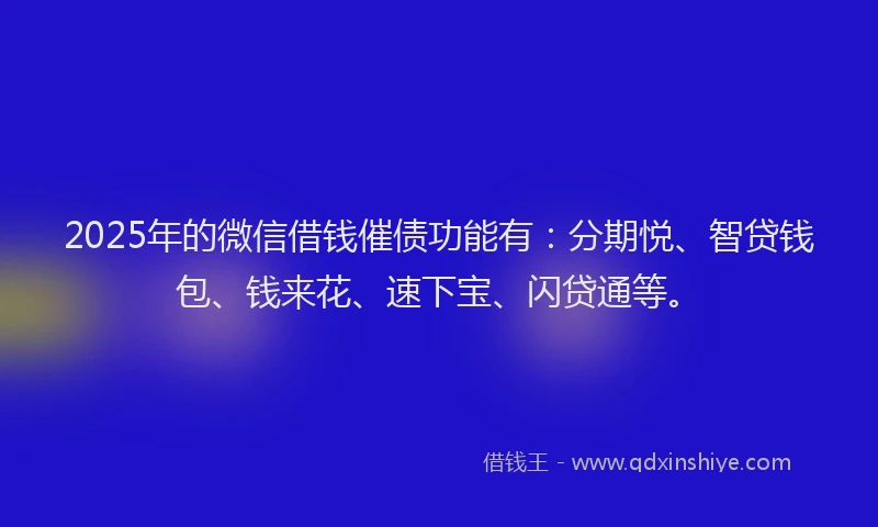 2025年的微信借钱催债功能有：分期悦、智贷钱包、钱来花、速下宝、闪贷通等。