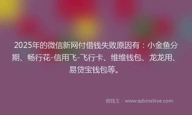 2025年的微信新网付借钱失败原因有：小金鱼分期、畅行花-信用飞-飞行卡、维维钱包、龙龙用、易贷宝钱包等。
