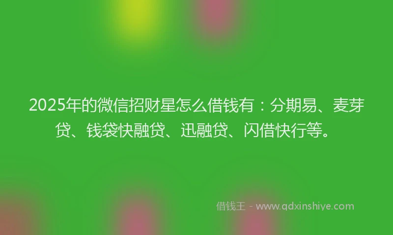 2025年的微信招财星怎么借钱有：分期易、麦芽贷、钱袋快融贷、迅融贷、闪借快行等。