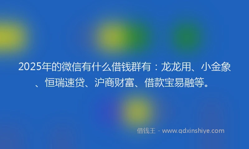 2025年的微信有什么借钱群有：龙龙用、小金象、恒瑞速贷、沪商财富、借款宝易融等。