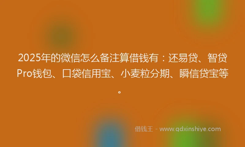 2025年的微信怎么备注算借钱有：还易贷、智贷Pro钱包、口袋信用宝、小麦粒分期、瞬信贷宝等。