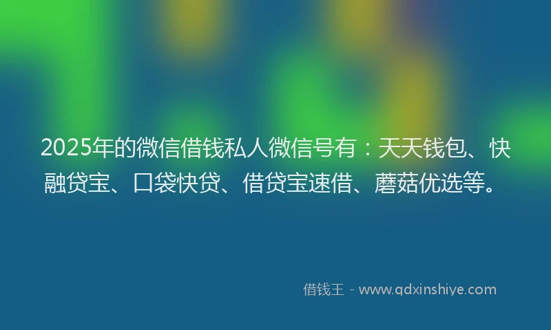 2025年的微信借钱私人微信号有：天天钱包、快融贷宝、口袋快贷、借贷宝速借、蘑菇优选等。