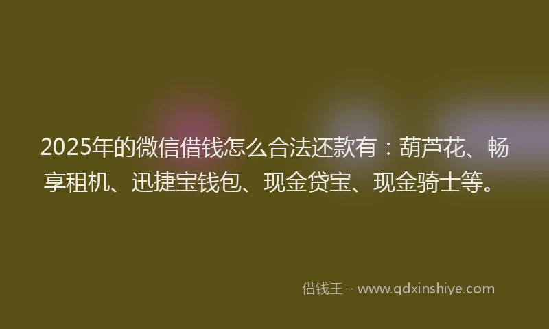 2025年的微信借钱怎么合法还款有：葫芦花、畅享租机、迅捷宝钱包、现金贷宝、现金骑士等。