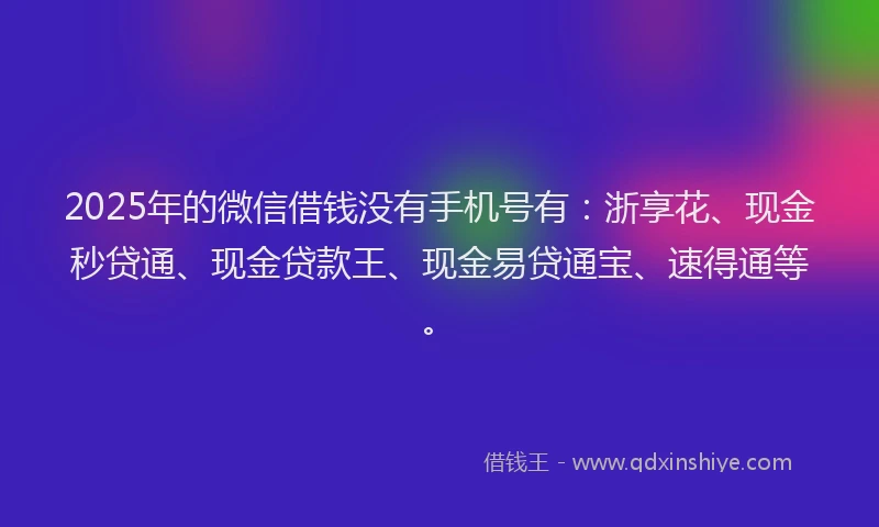 2025年的微信借钱没有手机号有：浙享花、现金秒贷通、现金贷款王、现金易贷通宝、速得通等。