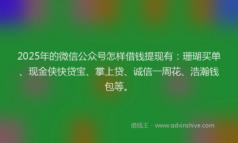 2025年的微信公众号怎样借钱提现有：珊瑚买单、现金侠快贷宝、掌上贷、诚信一周花、浩瀚钱包等。
