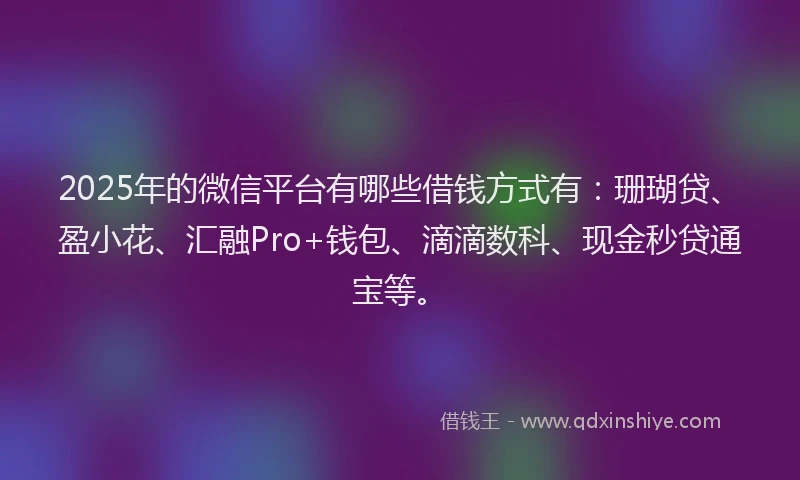 2025年的微信平台有哪些借钱方式有：珊瑚贷、盈小花、汇融Pro+钱包、滴滴数科、现金秒贷通宝等。