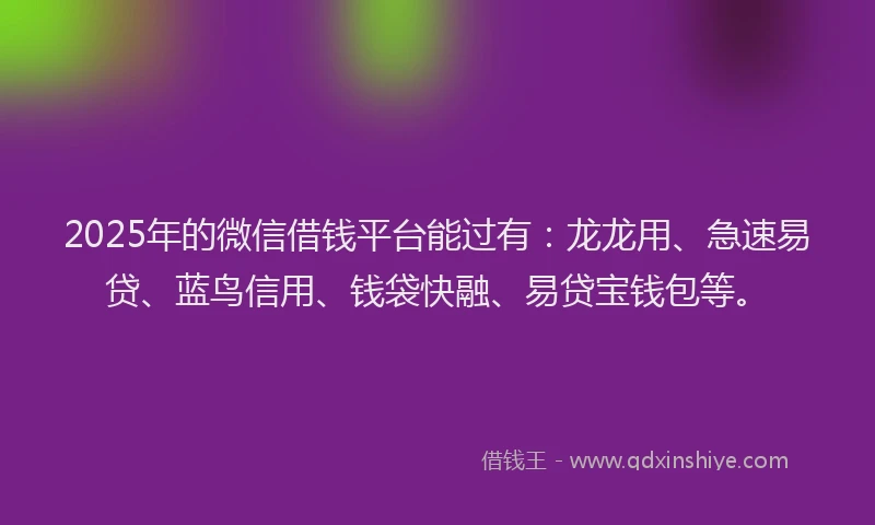2025年的微信借钱平台能过有：龙龙用、急速易贷、蓝鸟信用、钱袋快融、易贷宝钱包等。