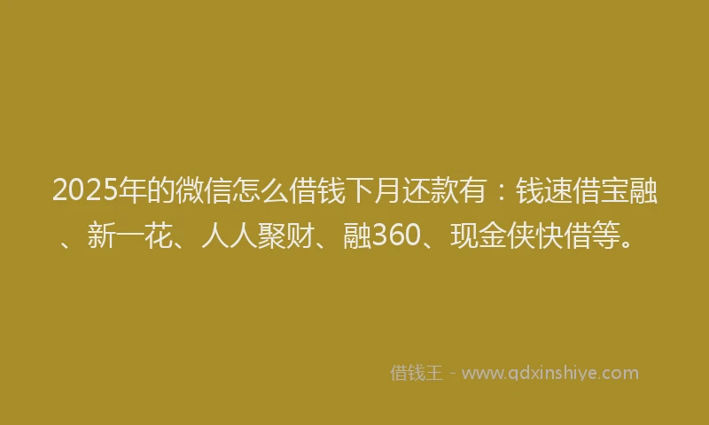 2025年的微信怎么借钱下月还款有：钱速借宝融、新一花、人人聚财、融360、现金侠快借等。