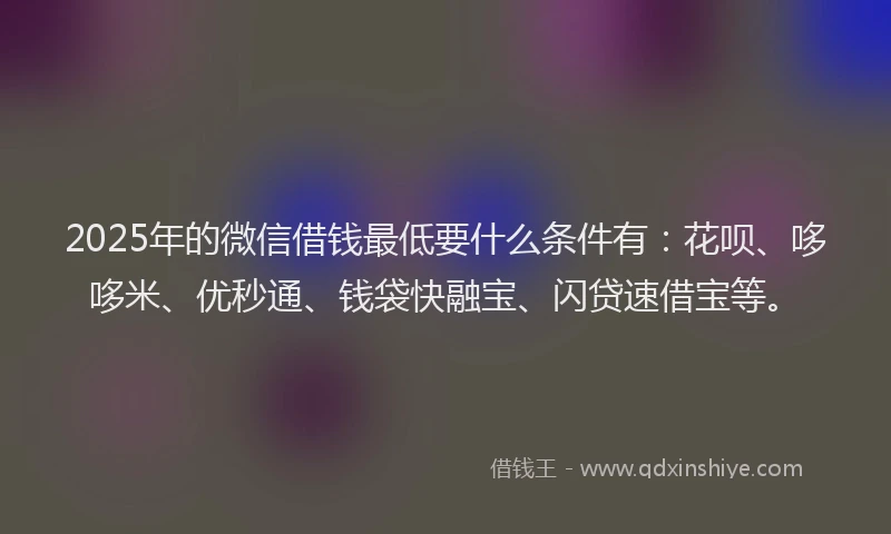 2025年的微信借钱最低要什么条件有：花呗、哆哆米、优秒通、钱袋快融宝、闪贷速借宝等。