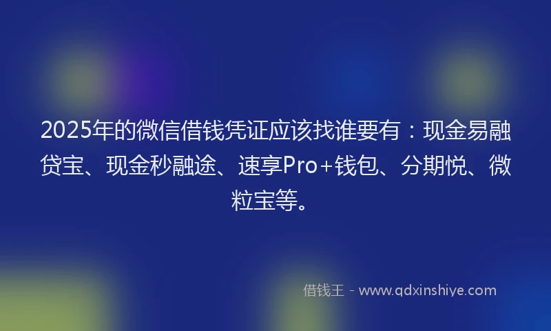 2025年的微信借钱凭证应该找谁要有：现金易融贷宝、现金秒融途、速享Pro+钱包、分期悦、微粒宝等。