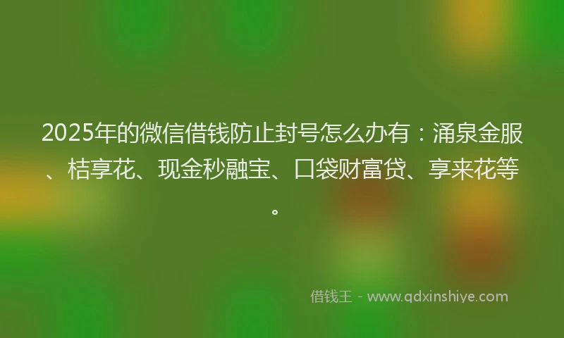 2025年的微信借钱防止封号怎么办有：涌泉金服、桔享花、现金秒融宝、口袋财富贷、享来花等。