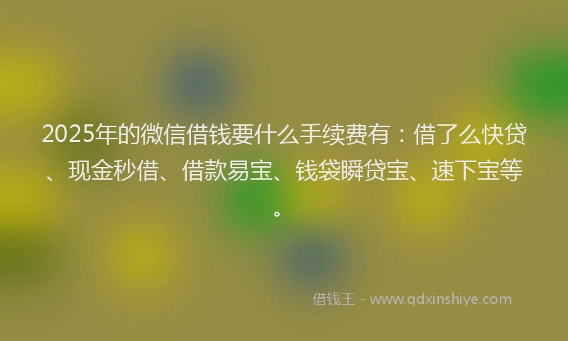 2025年的微信借钱要什么手续费有：借了么快贷、现金秒借、借款易宝、钱袋瞬贷宝、速下宝等。