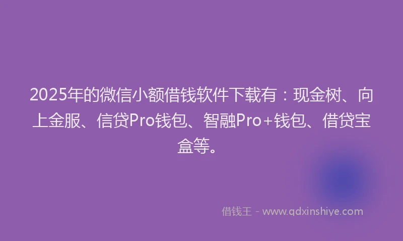 2025年的微信小额借钱软件下载有：现金树、向上金服、信贷Pro钱包、智融Pro+钱包、借贷宝盒等。