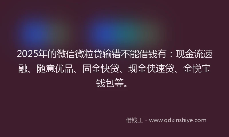2025年的微信微粒贷输错不能借钱有:现金流速融、随意优品、固金快贷、现金侠速贷、金悦宝钱包等。