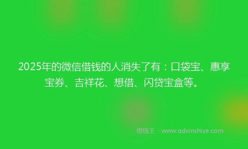 2025年的微信借钱的人消失了有：口袋宝、惠享宝券、吉祥花、想借、闪贷宝盒等。