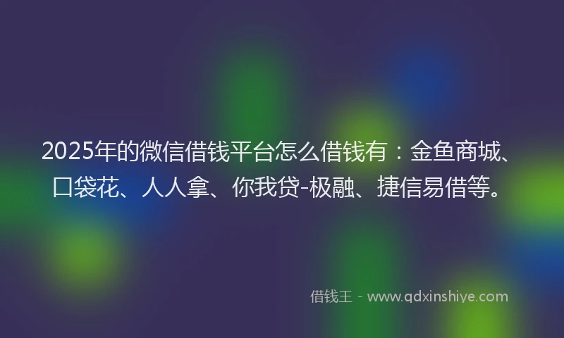 2025年的微信借钱平台怎么借钱有：金鱼商城、口袋花、人人拿、你我贷-极融、捷信易借等。