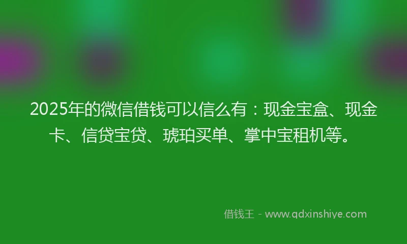 2025年的微信借钱可以信么有：现金宝盒、现金卡、信贷宝贷、琥珀买单、掌中宝租机等。