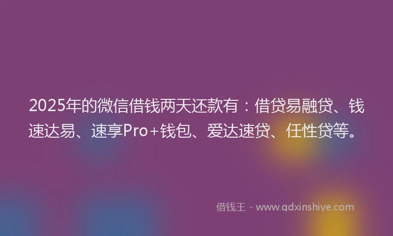 2025年的微信借钱两天还款有：借贷易融贷、钱速达易、速享Pro+钱包、爱达速贷、任性贷等。