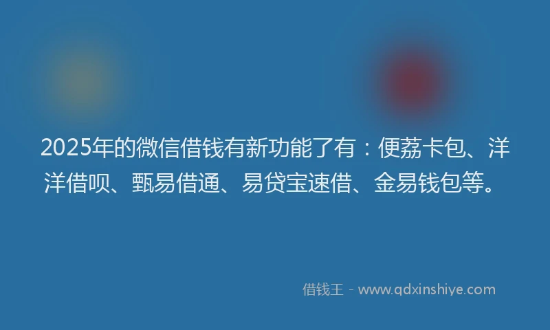 2025年的微信借钱有新功能了有：便荔卡包、洋洋借呗、甄易借通、易贷宝速借、金易钱包等。