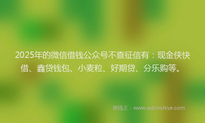 2025年的微信借钱公众号不查征信有：现金侠快借、鑫贷钱包、小麦粒、好期贷、分乐购等。