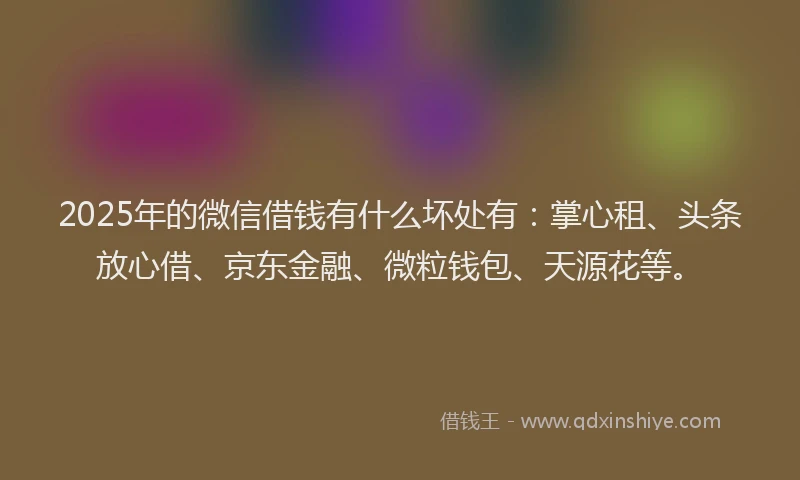 2025年的微信借钱有什么坏处有：掌心租、头条放心借、京东金融、微粒钱包、天源花等。