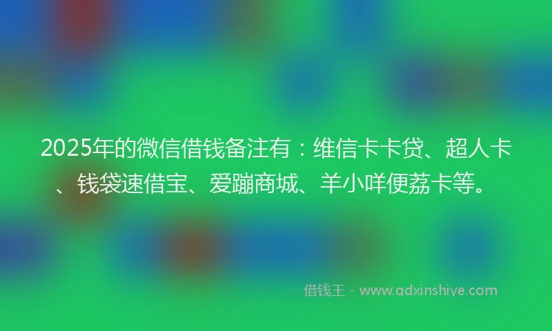2025年的微信借钱备注有：维信卡卡贷、超人卡、钱袋速借宝、爱蹦商城、羊小咩便荔卡等。