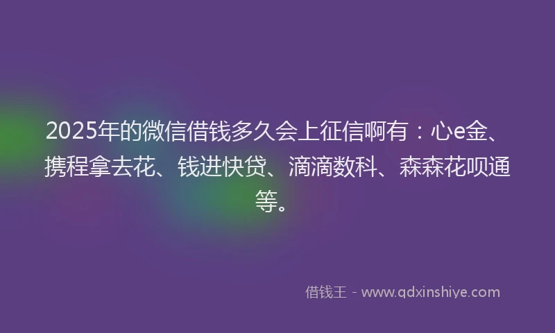 2025年的微信借钱多久会上征信啊有：心e金、携程拿去花、钱进快贷、滴滴数科、森森花呗通等。