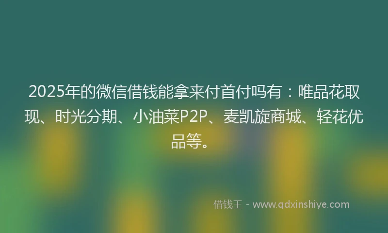 2025年的微信借钱能拿来付首付吗有：唯品花取现、时光分期、小油菜P2P、麦凯旋商城、轻花优品等。