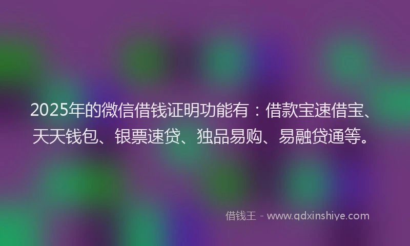2025年的微信借钱证明功能有：借款宝速借宝、天天钱包、银票速贷、独品易购、易融贷通等。