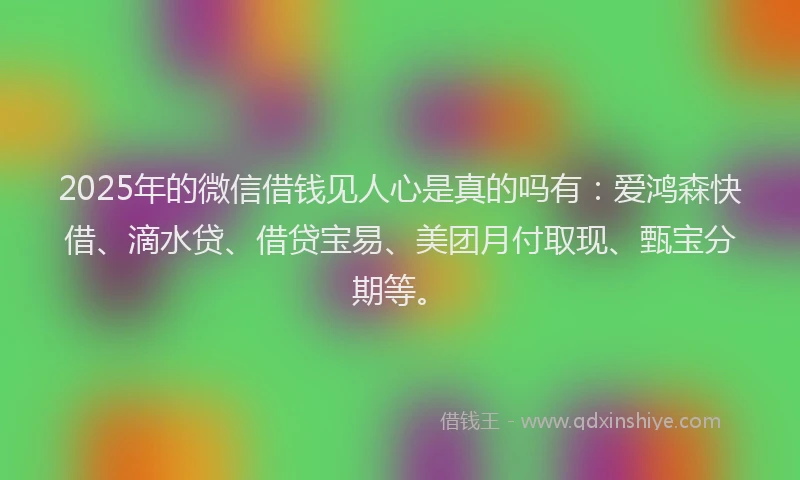2025年的微信借钱见人心是真的吗有：爱鸿森快借、滴水贷、借贷宝易、美团月付取现、甄宝分期等。
