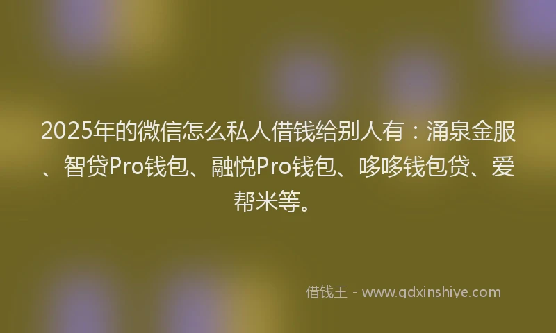 2025年的微信怎么私人借钱给别人有：涌泉金服、智贷Pro钱包、融悦Pro钱包、哆哆钱包贷、爱帮米等。