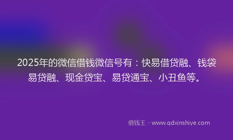 2025年的微信借钱微信号有:快易借贷融、钱袋易贷融、现金贷宝、易贷通宝、小丑鱼等。