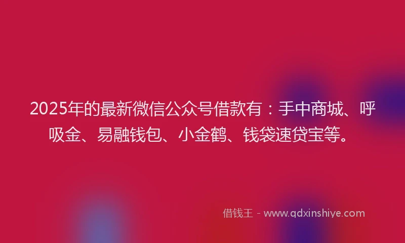2025年的最新微信公众号借款有：手中商城、呼吸金、易融钱包、小金鹤、钱袋速贷宝等。