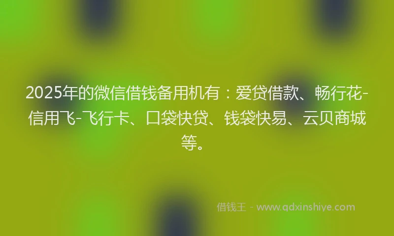 2025年的微信借钱备用机有：爱贷借款、畅行花-信用飞-飞行卡、口袋快贷、钱袋快易、云贝商城等。