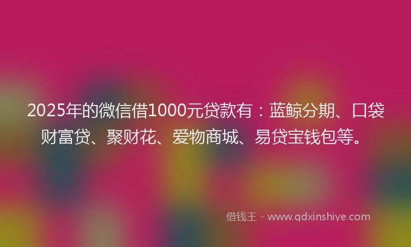 2025年的微信借1000元贷款有：蓝鲸分期、口袋财富贷、聚财花、爱物商城、易贷宝钱包等。