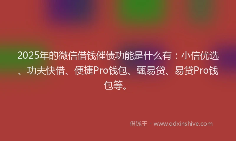 2025年的微信借钱催债功能是什么有：小信优选、功夫快借、便捷Pro钱包、甄易贷、易贷Pro钱包等。