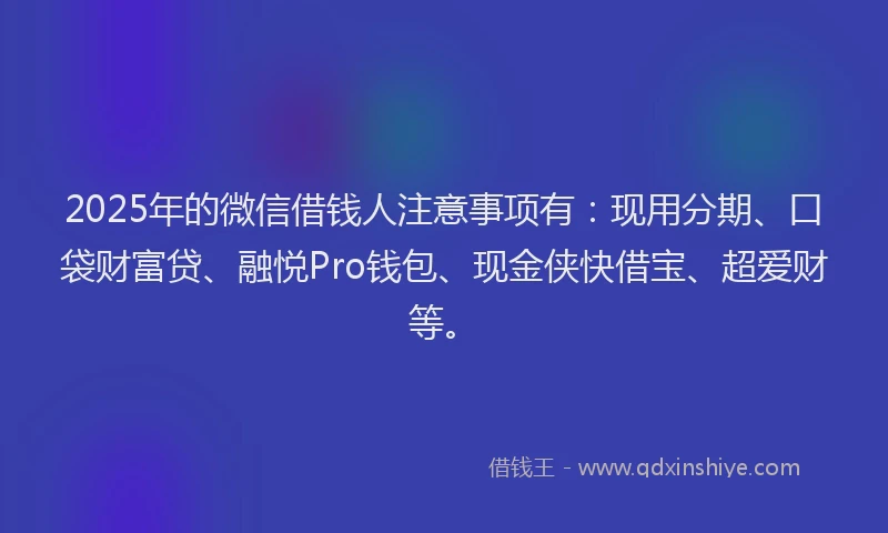 2025年的微信借钱人注意事项有：现用分期、口袋财富贷、融悦Pro钱包、现金侠快借宝、超爱财等。