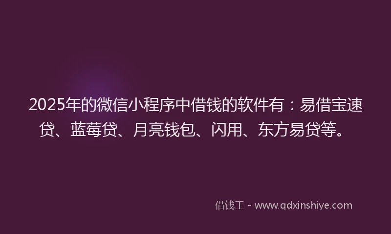 2025年的微信小程序中借钱的软件有：易借宝速贷、蓝莓贷、月亮钱包、闪用、东方易贷等。