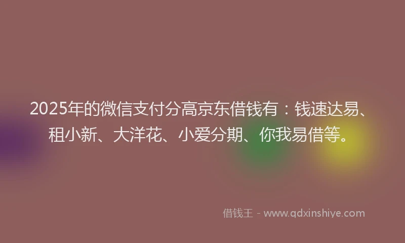 2025年的微信支付分高京东借钱有：钱速达易、租小新、大洋花、小爱分期、你我易借等。