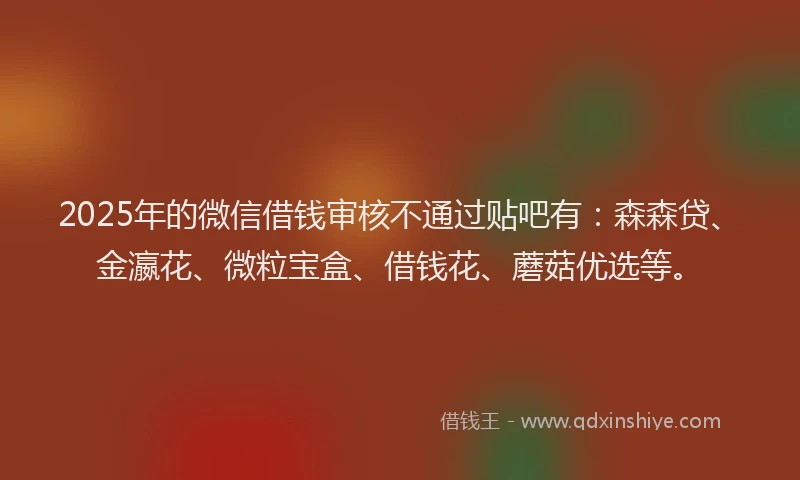 2025年的微信借钱审核不通过贴吧有:森森贷、金瀛花、微粒宝盒、借钱花、蘑菇优选等。