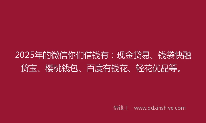 2025年的微信你们借钱有：现金贷易、钱袋快融贷宝、樱桃钱包、百度有钱花、轻花优品等。